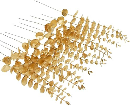 RHQFDM 24 Piezas 38cm Ramas de Eucalipto Artificial de Plástico Verde Que Parecen de Verdad, para Bodas, Jardines, Decoración de Oficinas (Dorado)