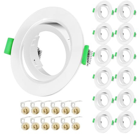 Tofisr Cornice Faretti LED da Incasso GU10 per cartongesso, Portafaretto da Incasso Rotondo Bianco, Orientabili a 30°, Foro 68mm-80mm, Per 50mm LED e Alogeno, Portalampade GU10 Inclusi, Set di 12