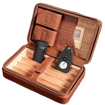 Humidor per Sigari in Pelle, Portatile da Viaggio in Legno di Cedro Foderato Custodia per Sigari per 4 Sigari