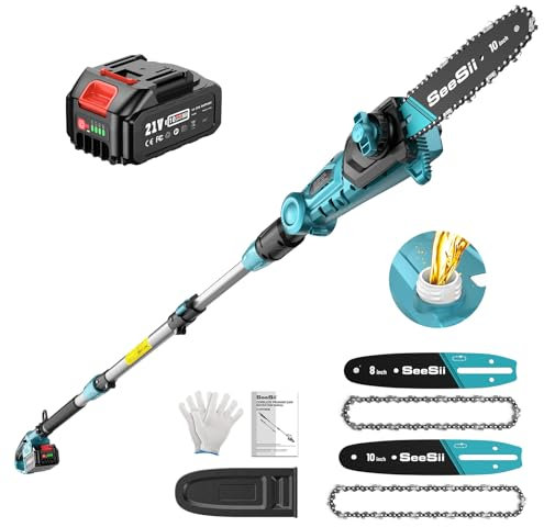 SEESII 8&10 Pouces Elagueuse sur Perche, Télescopique Tronconneuse à 2*4000 mAh Batteries, Hauteur de Travail Jusqu'à 4,57 m, Tronçonneuse à Graisseur Automatique, Idéale Pour Jardin et Coupe Branches