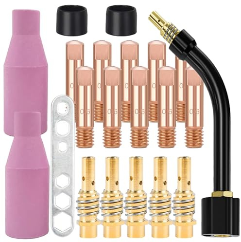 21PCS Kit Torche de Soudage, 10 Embout de Contact de Soudage MIG M6 0.6mm, 5 Porte-embouts Difuseur, 2 Isolant, 2 Buses en Céramique, 1 Outil pour Consommables de Torche de Soudage MIG/MAG