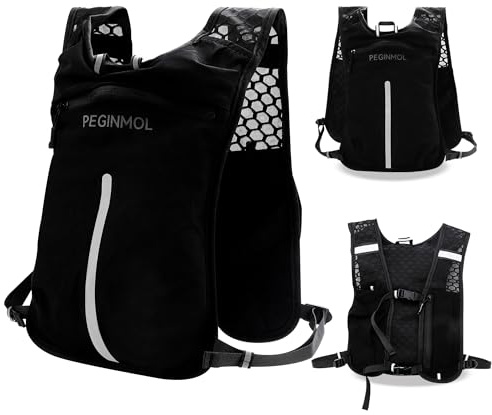 Peginmol Chaleco para correr para hombre y mujer, mochila ligera de hidratación con correa ajustable para el pecho y cinturón de cadera, mochila para correr con rayas reflectantes, compartimento