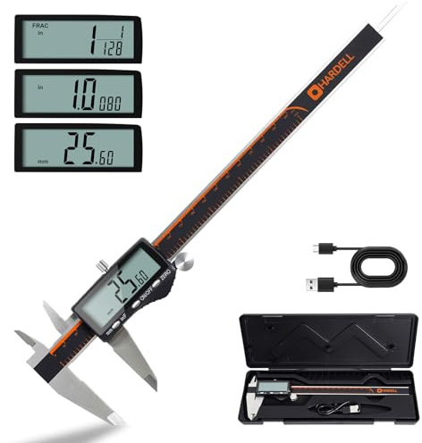 HARDELL Digital Caliper, Rechargeable 0-8 Inch Calipers Measuring Tool with Large LCD Screen, Inch/MM/Fraction, Stainless Steel, Auto-Off, Vernier Caliper Digital Micrometer