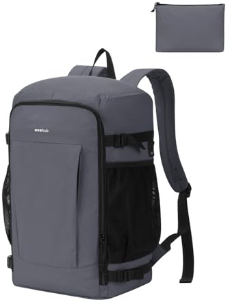 ECOHUB für 24L Ryanair Handgepäck 40x30x20, 2 in 1 - Faltbarer Rucksack mit Mini-Tasche Handgepäck Flugzeug, Leicht & Reißfest Rucksack 40x30x20, PET-Recycelte Travel Backpack für Herren(Grau)