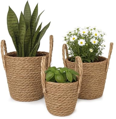 Relaxdays planterare, set med 3, vass, växtkrukor med foder och handtag, 3 storlekar, boho-stil, runda krukor, naturliga