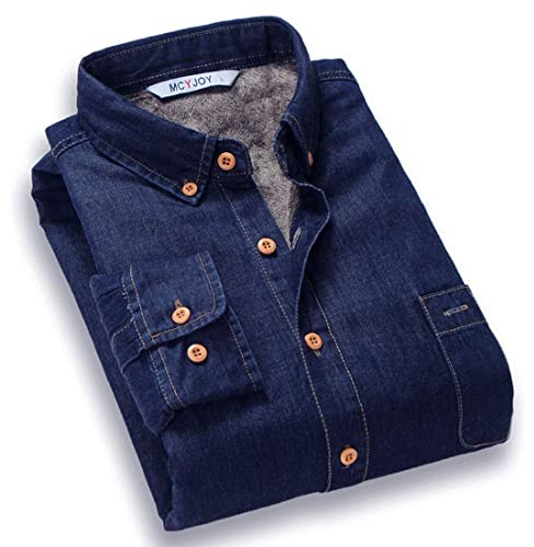 Juankrynord Camisa Vaquera Informal de Manga Larga con Botones y Forro Polar para Hombre de Invierno cálida de Color Liso Gruesa y de Mezclilla (Azul Oscuro,3XL)