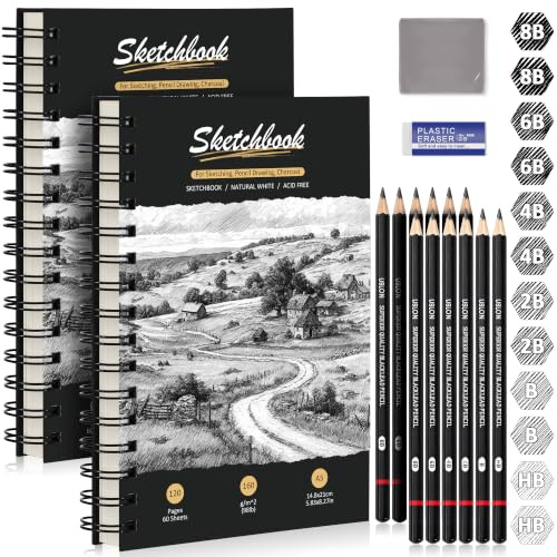 DazSpirit Cuaderno de Dibujo A5 2Piezas, Sketchbook con Tapa Dura y Papel Grueso 160g/m², 12 Lápices de Dibujo & Gomas, Bloc de Dibujo Espiral, 60 Hojas/120 Páginas, para Lápices, Carbón, Pasteles