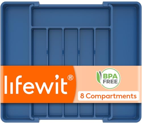 Lifewit Expandable Cutlery Drawer Organiser, 6-8 Compartments Utensil Tray | Adjustable Kitchen Drawer Dividers for Spoons Forks Knives, Plastic Storage Holder, 28-45 x 35 cm, Medium, Dark Blue