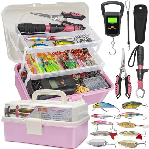 THKFISH 400PCS Fishing Lures Accessories Kit with Large 3-Layer Tackle Box Complete Freshwater Bass Fishing Gear Tools Set with Pliers, Fish Scale, Spinner bait, Hooks, Weights Sinkers, Gift for Women