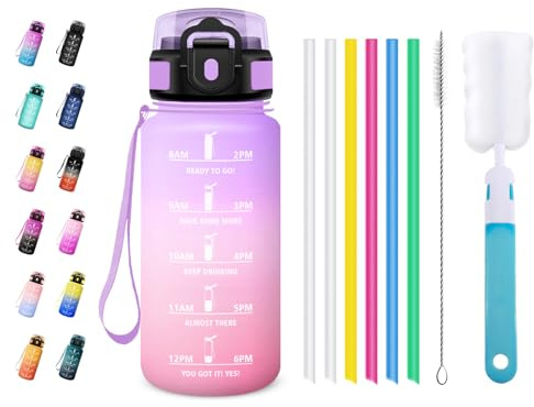JAPORIA Borraccia 500ml, Bottiglia con Cannuccia, a Prova di Perdite, Bottiglia Acqua con Indicatore del Tempo, per Ufficio, Escursionismo, Yoga