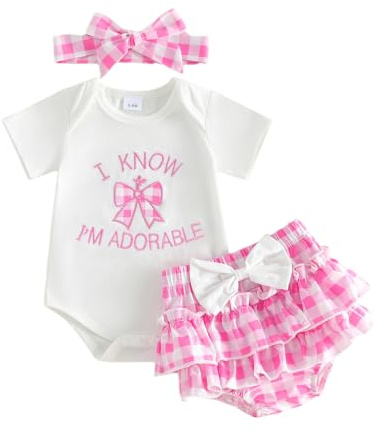JCOPLY Neonata Neonata Vestiti Estivi Lettera Ricamo Maglia Tshirt Pagliaccetto Top Shorts Set A Strati Plaid Gonna Fascia Bambino Body Outfits 3 Pz, rosa, 0-3 Months