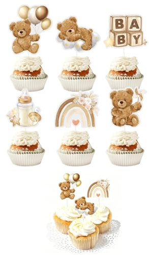 YIPFEN 24 Pezzi Topper per Cupcake Orsetto Decorazioni Baby Shower Boho Teddy Cake Topper per Gender Reveal Battesimo Muffin Decorazioni Torta Neutre