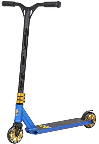 STAR SCOOTER Original Performance Freestyle Jump Pro Sport Alu Kickscooter Stuntscooter mit HIC Kompression in sehr stabiler Leichtbauweise für Kinder ab ca. 7 - 8 Jahre | 110mm Semi Professional Edition | Blau (matt) & Gold