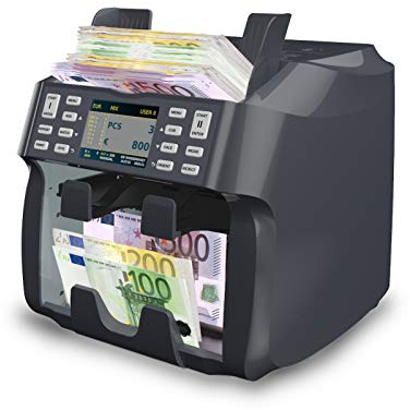 Detectalia V800, Contabanconote Rileva Banconote False, per EUR, USD, GBP, CHF, MAD, 7 Controlli di Contraffazione, Riconoscimento Automatico della Valuta, Schermo TFT a Colori, Veloce e Affidabile.