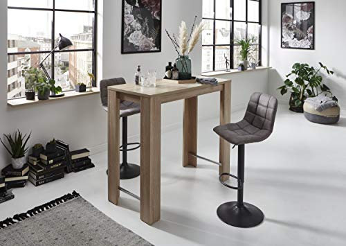 Hela Tische, 3-teilige Bargruppe Barset Yvonne, Bartisch Sonoma Eiche 120x58x108cm, 2x Barhocker Barstuhl Microfaser Grau, 360°drehbar, Trompetenfuß