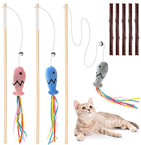 Natural Wood Cat Wand Toy with Ribbon Fish Teaser - 3pcs, 16 Inch, Indoor Cat Exerciser & Playing Kitten Toy, Bonus 5pcs Catnip Sticks for Teeth Cleaning
