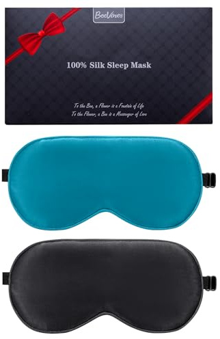 BeeVines Silkesögonmask i 100% siden, ljusblockerande ögonmasker (2 st.) | Naturligt, Sovmask för sömn, viktad ögonmask med justerbart band, ögonbindel för sömn, blockerar ljus, skugga för ögonen