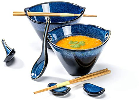 Japanisches Ramen Schale, Steingut Schüssel 2er - 600 ml, Porzellan Schüsseln für Müsli, Suppe, Salat und Pasta, Blau