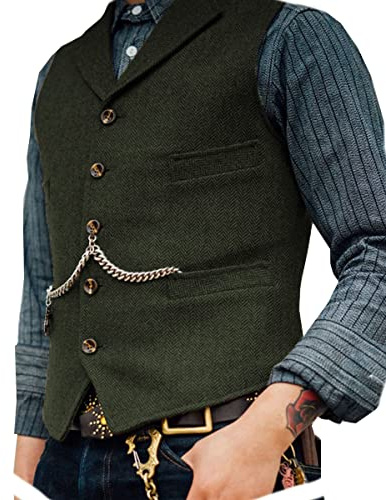 AeoTeokey Classic Mens Wool Tweed Suit Vest Casual Sleeveless Jacket Herringbone Waistcoat for Tuxedos(L,Army Green)