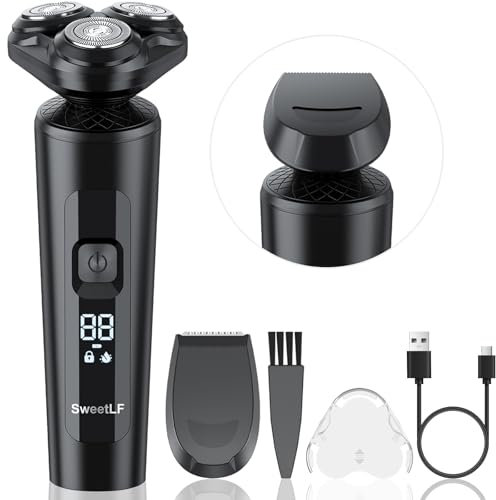 SweetLF Rasierer Herren Elektrisch, IPX7 Elektrorasierer Herren Nass- und Trockenrasierer, 5D Rotations Rasierapparat Herren mit Präzisionstrimmer, 120min Laufzeit USB C Aufladbar mit Adapter