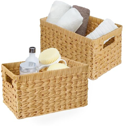 GRANNY SAYS Cestas de almacenamiento de mimbre, cestas tejidas para estantes, cestas de baño impermeables para organizar, cestas de mimbre con asas, naturaleza, paquete de 2