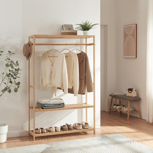 [en.casa] Perchero Burro con 1 Barra 2 Estantes Inferiores para Zapatos Camisetas 1 Estante Superior 2 Ganchos para Sombreros Vestidor Bambú 165 x 100 x 35 cm - Natural