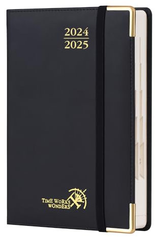 POPRUN Kalender 2024 2025 Tagesplaner 21,5 x 14,5 cm (Aug.2024-Jul.2025), Tageskalender Hardcover 1 Tag 1 Seite (Montag - Sonntag) mit PU-Leder, Monatliche Registerkarten - Schwarz