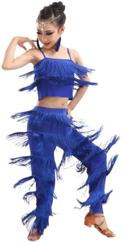 Falda Con Flecos De Baile Latino For Niñas, Top Corto + Pantalones, 2 Piezas, Ropa De Baile De Competición, Vestido De Baile De Salsa Tango Con Borlas, Disfraz De Actuación En Escenario (Color : Blue