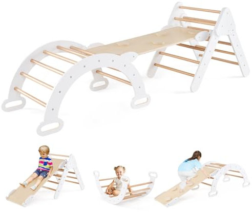 COSTWAY Kletterdreieck mit Rutsche, Kletterbogen, inkl. doppelseitige Rampe, zum Klettern, Rutschen und Wippen, 4 in 1 Klettergerüst Indoor ab 1 Jahr (Weiß)