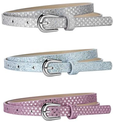 SNONESIY 3 Stück Kindergürtel Mädchen, Verstellbarer Mädchen Gürtel mit Goldschnalle, Für Jeans & Kleider, Rosenrot + Himmelblau + Silber