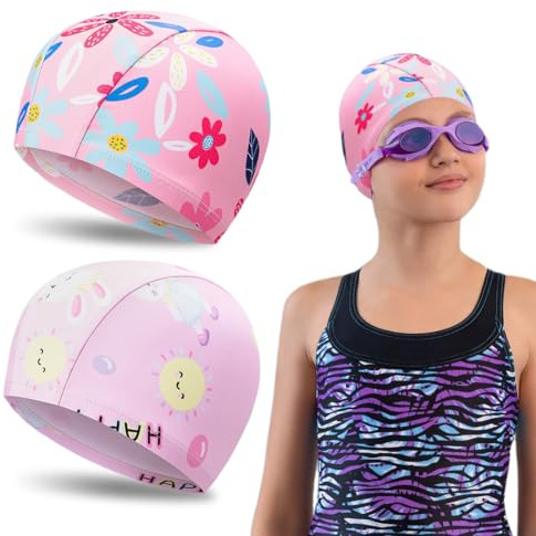 CULEO 2pcs children's swimming cap cartoon printing comfortable cloth cap baby swimming elastic cap girls primary school students equipment