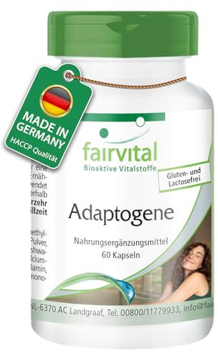 Fairvital | Adaptogene Komplex - 60 Kapseln - mit Ashwagandha, Rhodiola Rosea, Cordyceps, Vitamin B1, B2, B3, B5, B6, B9, B12 uvm. - qualitätsgeprüft und hochdosiert - 100% vegan - Made in Germany