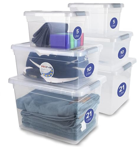 PROFUN Förvaringslådor set med lock – 21 l, 10 l och 5 l – stor plastlåda med lock – stapelbara lådor – förvaringsbehållare med lock, set om 6