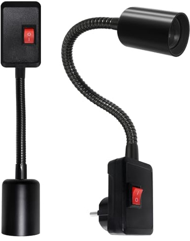 2 Piezas Portalámparas Pared con Interruptor 360°Ajustables, Negro Lámpara de Pared Sin Cable, Lampara Enchufe Con 9mm&20cm Cuello de Cisne, E27/E26 Lámpara de Cama para Iluminación(Sin Bombillas)
