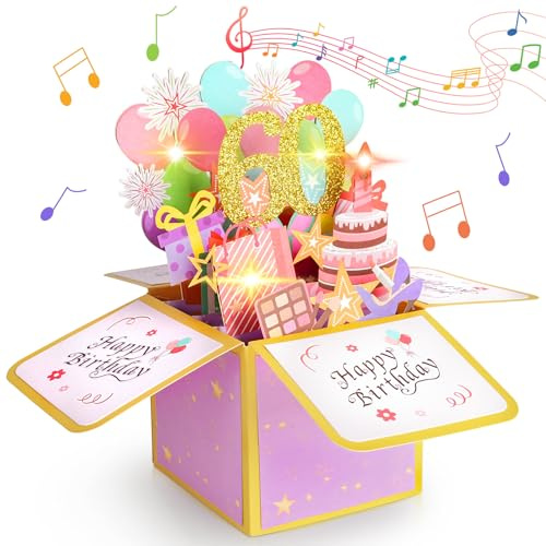 Vicloon Pop-up Birthday Gift Greeting Cards Box, 60th Birthday 3D Pop-Up Musical Greeting Cards with Envelope, Cool Pop up Birthdays Card with LED Blowable Candle and Lights, Gifts for Women Men