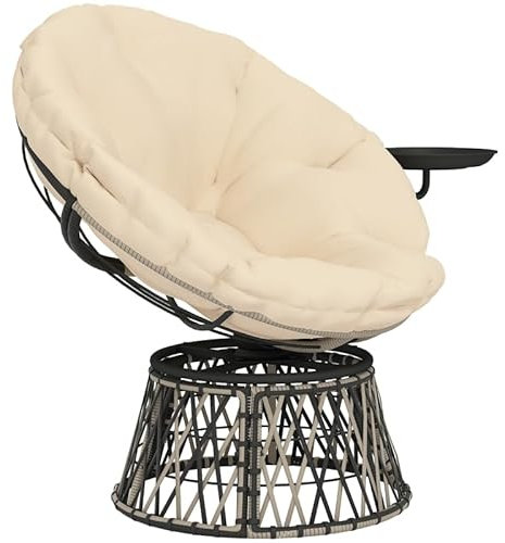 I0I&I0I Rattansessel Outdoor 360° drehbar mit Kissen Ø90 cm – Papasansessel Drehsessel Korbsessel Loungesessel Liegesessel für Garten Balkon Terrasse Wohnzimmer mit Beistelltisch (Beige)