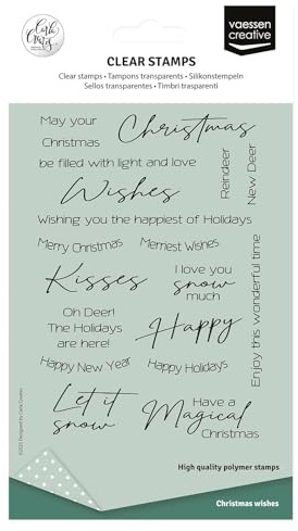 Vaessen Creative Trasparenti in Silicone Testi Natalizi in inglese-20 Timbri-per Fai-da-Te, Scrapbooking, Biglietti, DIY e Buste-Compatibile con Stamping Tool + Blocco Acrilico, Transparente, A6