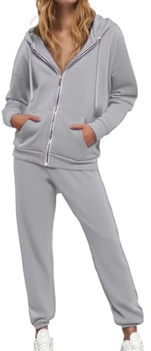 Donna Tuta Set Sportivo Felpa Cappuccio Casual Pantaloni Yoga Felpa Sportiva 2 Pezzi Tuta Manica Lunga Abbigliamento Casa Coulisse E Tasche Jogging Set per Running (Light Gray-2, M)