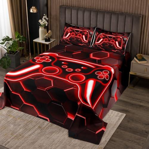 Homewish Juego de edredón para videojuegos, diseño de panal de abejas de neón, juego de colcha para videoconsolas, luces hexagonales rojas, acolchado, decoración de dormitorio infantil