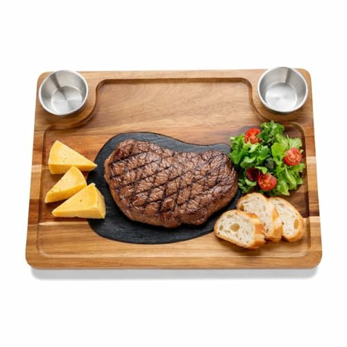 HALE OTEIR Bandeja de madera de acacia con placa de pizarra, tabla de servir de madera con 2 cuencos para salsas, tabla de queso rústica, tabla de carne, parrilla y tabla de sushi para carne, queso