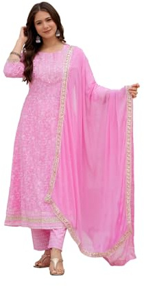 Rosarue Women’s 100% Rayon Anarkali Kurta Pant Set with Dupatta | Indian Ethnic Pakistani Style Kurti for Summer Festive & Casual Wear(Pink,2X-Large)