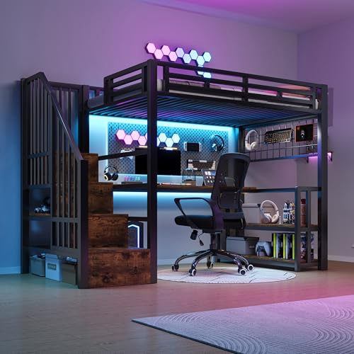 Loftsäng 90 x 200 cm, svart med skrivbord, metallsäng, LED-loftsäng, trappa, förvaringssäng, enkelsäng, sängram för vuxna och studenter (utan madrass)