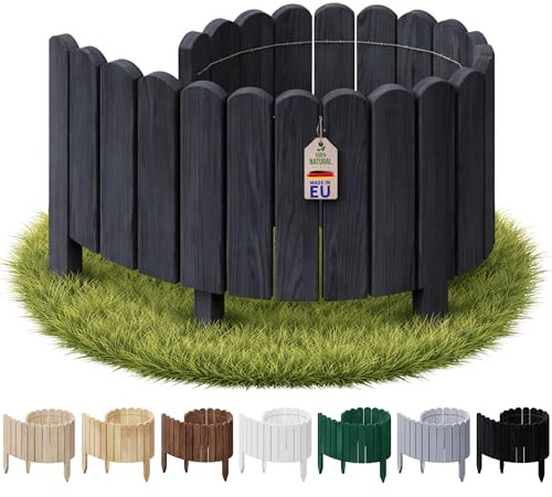 Floranica Ganivelle 10x100 cm Gris foncé Bordure de Jardin en Bois de pin | Pin assemblé sur fil, lattes taillées en pointe, épaisseur 16 mm, souple – pour gazon, allées et massifs plats