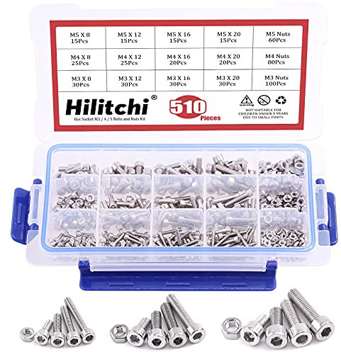 Hilitchi 510 pcs M3 M4 M5 en acier inoxydable Bouton à tête hexagonale Socket Head Cap Boulons Vis Écrous Assortiment kit – en acier inoxydable 304