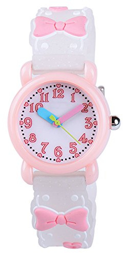 Venhoo Kids Watches Cartoon Waterproof Silicone Children Wristwatches Time Teacher Gifts for Girls (Pink Bow Tie)
