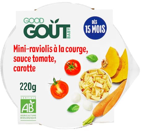 GOOD GOÛT - Mini-Raviolis À La Courge, Sauce Tomate Et Carottes - Plat Cuisiné Pour Bébé - Dès 15 Mois - Avec Morceaux - Fabriqué En France - Assiette Micro-Ondable - 190g