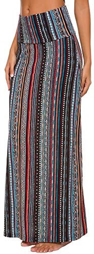 Urban CoCo Women's Stylish Spandex Comfy Fold-Over Flare Long Maxi Skirt (L, 6)