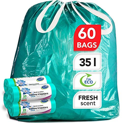 Stella pack Sacchi Spazzatura Sacchi Immondizia 35l 60 Pz Sostenibili Riciclabili 100 Plastica Riciclata Ultra Resistenti Profumati Menta Chiusura con Coulisse Flessibili