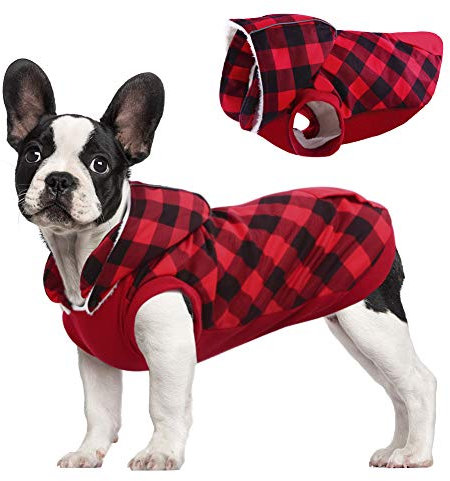 Kuoser Karierter Hund Wintermantel, Winddichter Hundemantel bei Fleecefutter Hundekleidung Reflektierende Hundejacke Hundeweste für Kleine Mittelgroße Hunde mit Abnehmbarem Hut