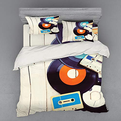 Ambesonne Indie Duvet Cover Set, Gramophone Records and Old Audio Cassettes on Wooden Table Nostalgia Music, 4 Piece Bedding Set with Shams and Fitted Sheet, King Size, Blue Orange Black